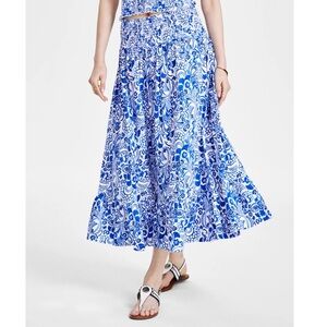 Tommy Hilfiger Fountain Floral-Print Cotton Maxi Skirt-Smocked Waist-Band Small